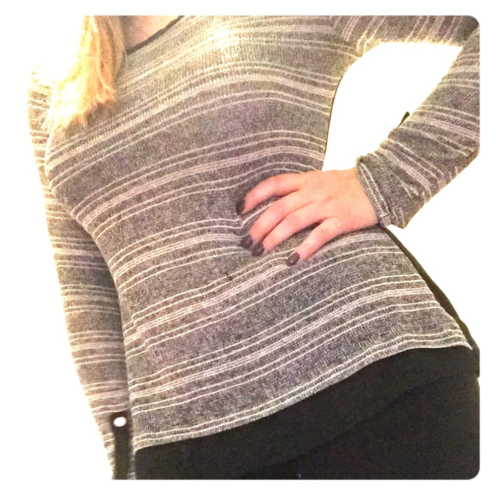 Horizontal striped black, white, and gray sweater